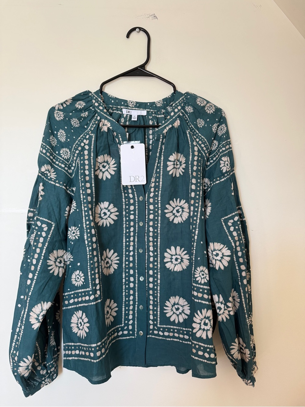DR2 Green Floral 100% Cotton Boho Blouse Long Sleeve NWT